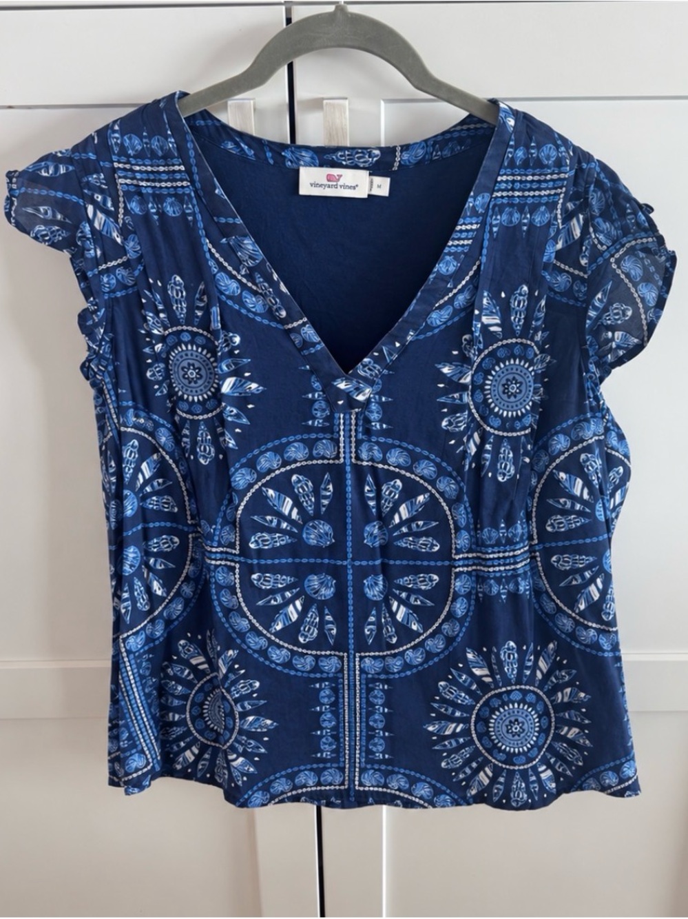 Vineyard Vines Navy & Light Blue Printed V-Neck Blouse